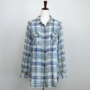 Overland Plaid Blue Green Cotton Gauze Button-Up Long Sleeve Olivia Shirt NWT